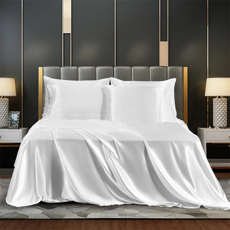 Summer Luxury Satin Silk-like Bed Sheet Set (Flat Sheet/Fitted Sheet + Pillowcase) Solid Color Mattress Cover Twin Full Queen